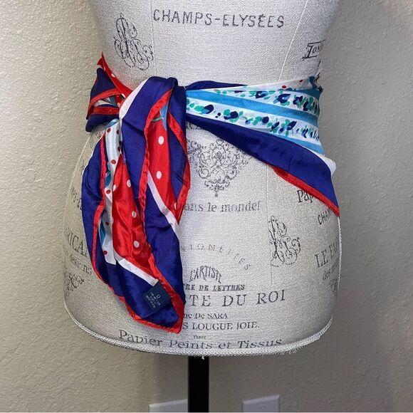 Vintage 70’s Honey Silk Scarf Floral and Polkadot red White Blue Yellow Green - Picture 2 of 12